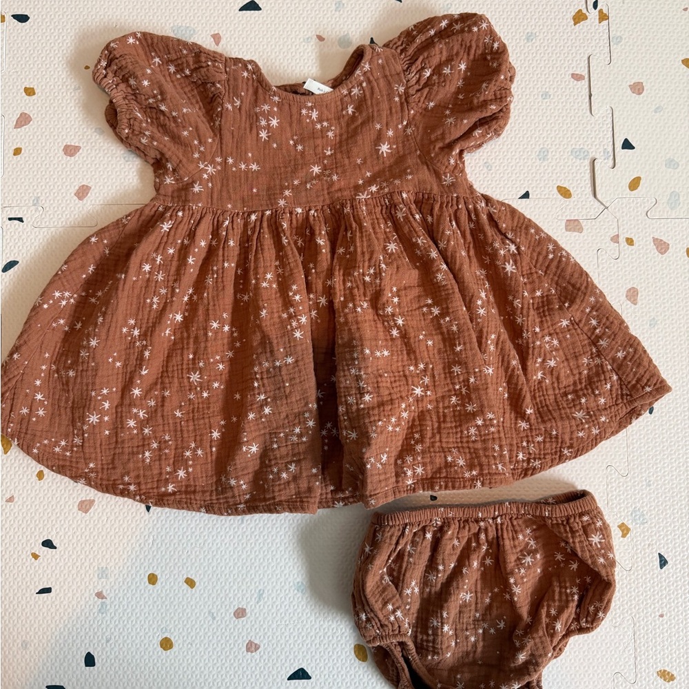 Rylee + Cru Rust Brown Cotton Dress with White Star Print